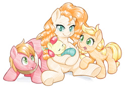 Size: 1383x1000 | Tagged: safe, artist:dstears, apple bloom, applejack, big macintosh, pear butter, earth pony, pony, g4, apple siblings, apple sisters, baby, baby apple bloom, brother and sister, colt big macintosh, eyes closed, female, filly, filly applejack, male, open mouth, siblings, sisters, younger
