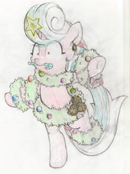 Size: 3449x4637 | Tagged: safe, artist:foxtrot3, oc, oc:spearmint, pony, belly button, candy, candy cane, decoration, food, green hair, hearth's warming, pinecone, red coat, red eyes, solo, wreath