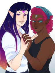 Size: 1676x2200 | Tagged: safe, artist:theartfox2468, tempest shadow, twilight sparkle, human, g4, alternate hairstyle, clothes, dark skin, elf ears, eye scar, fangs, female, freckles, grin, holding hands, humanized, lesbian, nail polish, pants, scar, ship:tempestlight, shipping, shirt, simple background, smiling, tank top, white background