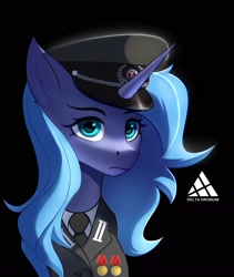 Size: 2000x2375 | Tagged: source needed, useless source url, safe, artist:delta hronum, princess luna, alicorn, pony, g4, alternate hairstyle, bust, clothes, cute, darkness, east germany, german, hat, high res, lunabetes, s1 luna, serious, serious face, solo, uniform