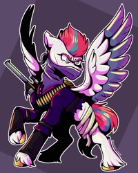 Size: 1600x2000 | Tagged: safe, artist:lordofthefeathers, zipp storm, pegasus, pony, g5, abstract background, angry, badass, bullet, clothes, colored wings, female, gun, mare, multicolored wings, raised hoof, solo, spread wings, unshorn fetlocks, weapon, wings