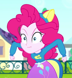 Size: 487x528 | Tagged: safe, screencap, pinkie pie, equestria girls, g4, my little pony equestria girls: summertime shorts, steps of pep, clothes, collar, cropped, fake ears, fake tail, leaning forward, shirt, skirt, solo, spread arms, teenager, uniform, wide eyes, wonderbolts uniform