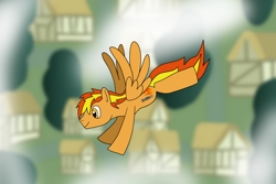 Size: 1280x854 | Tagged: safe, artist:platinumdrop, oc, oc only, oc:firey ratchet, pony, flying, ponyville, request, solo
