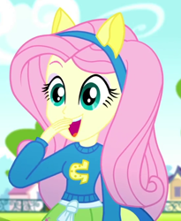 Size: 554x675 | Tagged: safe, screencap, fluttershy, equestria girls, g4, my little pony equestria girls: summertime shorts, steps of pep, clothes, collar, cropped, cute, fake ears, fake tail, hand on mouth, open mouth, open smile, shirt, skirt, smiling, solo, sweater, teenager, wondercolts uniform