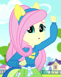 Size: 559x699 | Tagged: safe, screencap, fluttershy, equestria girls, g4, my little pony equestria girls: summertime shorts, steps of pep, arm in the are, arms in the air, cheering, clothes, collar, cropped, fake ears, fake tail, shirt, skirt, solo, teenager, uniform, wonderbolts uniform