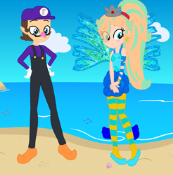 Size: 1919x1948 | Tagged: safe, artist:firefall-mlp, artist:user15432, artist:yaya54320bases, fairy, fish, human, equestria girls, g4, alternate hairstyle, barely eqg related, base used, beach, blue wings, blushing, clothes, crossover, crown, duo, ear piercing, earring, equestria girls style, equestria girls-ified, fairy wings, fairyized, fins, gloves, hair over one eye, hand on hip, jewelry, long hair, long sleeved shirt, long sleeves, male, ocean, overalls, piercing, ponytail, princess rosalina, purple hat, regalia, rosalina, sand, seashell, shirt, shoes, sirenix, sparkly wings, super mario bros., undershirt, waluigi, waluigi's hat, water, wings, winx, winx club, winxified