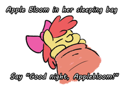 Size: 419x297 | Tagged: safe, apple bloom, earth pony, pony, g4, female, filly, meme, sleeping, sleeping bag, solo, text