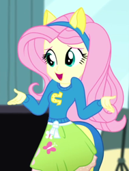 Size: 438x579 | Tagged: safe, screencap, fluttershy, equestria girls, g4, my little pony equestria girls: summertime shorts, steps of pep, <:d, clothes, collar, cropped, cute, fake tail, fake wings, open mouth, shirt, shrug, skirt, teenager, wat, wondercolts uniform