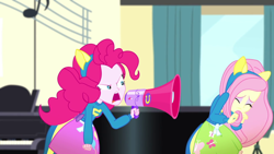 Size: 1920x1080 | Tagged: safe, screencap, fluttershy, pinkie pie, equestria girls, g4, my little pony equestria girls: summertime shorts, steps of pep, clothes, collar, fake ears, fake tail, female, frightened, megaphone, shirt, skirt, teenager, uniform, wondercolts uniform, yelling