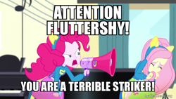 Size: 800x450 | Tagged: safe, edit, edited screencap, screencap, fluttershy, pinkie pie, equestria girls, g4, my little pony equestria girls: summertime shorts, steps of pep, abuse, caption, flutterbuse, image macro, makeameme.org, megaphone, pinkie prick, spongebob squarepants, squid on strike, text