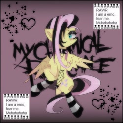 Size: 2048x2048 | Tagged: safe, artist:blairvonglitter, fluttershy, pegasus, pony, g4, alternate hairstyle, clothes, collar, dyed mane, dyed tail, emo, emoshy, eyeshadow, fishnet stockings, high res, makeup, my chemical romance, socks, spiked wristband, text, wristband