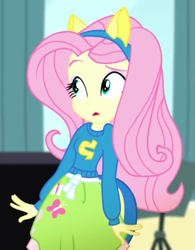 Size: 444x570 | Tagged: safe, screencap, fluttershy, equestria girls, g4, my little pony equestria girls: summertime shorts, steps of pep, clothes, collar, confused, cropped, female, raised eyebrow, shirt, skirt, solo, teenager, wondercolts uniform