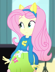 Size: 439x576 | Tagged: safe, screencap, fluttershy, equestria girls, g4, my little pony equestria girls: summertime shorts, steps of pep, :|, clothes, collar, confused, cropped, eyebrows, eyeshadow, fake ears, fake tail, female, makeup, raised eyebrow, skirt, solo, sweater, teenager, wondercolts uniform