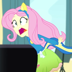 Size: 583x584 | Tagged: safe, screencap, fluttershy, equestria girls, g4, my little pony equestria girls: summertime shorts, steps of pep, clothes, collar, cropped, fake ears, fake tail, hem, open mouth, shirt, skirt, solo, sweater, teenager, wondercolts uniform