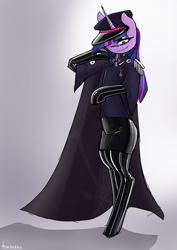 Size: 4961x7016 | Tagged: safe, artist:tenenbris, twilight sparkle, unicorn, semi-anthro, g4, cape, clothes, eyeshadow, female, latex, latex suit, makeup, mare, medal, military uniform, skirt, tyrant sparkle, unicorn twilight, uniform