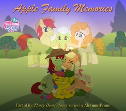 Size: 4000x3534 | Tagged: safe, artist:aleximusprime, apple bloom, applejack, bright mac, granny smith, pear butter, tex, oc, oc:annie smith, oc:apple chip, oc:tex, ghost, undead, fanfic:apple family memories, flurry heart's story, g4, apple, apple family, apple tree, bow, bright mac's ghost, clothes, colt, cowboy hat, crying, dead, eyes closed, fanfic, fanfic art, fanfic cover, female, filly, food, hat, hug, male, mare, next generation, offspring, outdoors, parent:applejack, parent:tex, parents:texjack, pear butter's ghost, scarf, ship:texjack, shipping, spirit, stallion, stetson, straight, sunset, tearjerker, tears of joy, transparent, tree