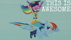 Size: 1280x720 | Tagged: safe, edit, edited screencap, editor:quoterific, screencap, rainbow dash, pegasus, pony, equestria girls, friendship games bloopers, g4, my little pony equestria girls: friendship games, arms in the air, boots, cute, dashabetes, eyes closed, female, helmet, mare, open mouth, self ponidox, shoes, smiling