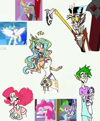 Size: 2510x3049 | Tagged: safe, artist:citi, screencap, discord, pinkie pie, princess celestia, spike, human, castle sweet castle, g4, princess twilight sparkle (episode), ahegao, blushing, clothes, creamy creamy frosting, cute, cute little fangs, cutie mark, cutie mark on clothes, fangs, female, frilly underwear, high res, humanized, male, open mouth, out of context, panties, rarity plushie, scene interpretation, screencap reference, ship:dislestia, shipping, straight, tongue out, underwear, white panties, white underwear
