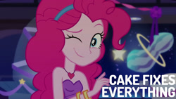 Size: 1280x720 | Tagged: safe, edit, edited screencap, editor:quoterific, screencap, pinkie pie, equestria girls, equestria girls series, g4, twilight under the stars, spoiler:eqg series (season 2), bare shoulders, bracelet, clothes, cute, diapinkes, dress, female, jewelry, looking at you, necklace, one eye closed, sleeveless, smiling, solo, strapless, wink, winking at you
