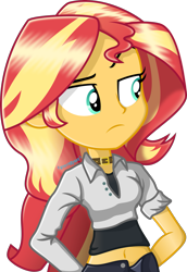 Size: 1607x2338 | Tagged: safe, artist:mr-breadman, sunset shimmer, equestria girls, g4, belly button, choker, clothes, female, raised eyebrow, short shirt, show accurate, simple background, solo, transparent background, vector
