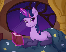 Size: 1920x1520 | Tagged: safe, artist:ravenirik, twilight sparkle, pony, unicorn, g4, bed, bedroom eyes, book, clothes, cute, glowing horn, golden oaks library, horn, levitation, looking at you, lying down, magic, on bed, prone, redraw, socks, solo, stockings, telekinesis, thigh highs, twiabetes, unicorn twilight