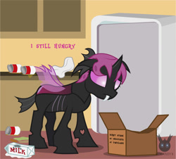 Size: 1314x1189 | Tagged: safe, artist:wheatley r.h., derpibooru exclusive, oc, oc only, oc:lara, changeling, comic:still hungry, can, changeling oc, female, hungry, kitchen, mare, milk, pink changeling, refrigerator, sad, single panel, solo, vector, watermark
