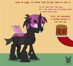 Size: 1314x1189 | Tagged: safe, artist:wheatley r.h., derpibooru exclusive, oc, oc only, oc:lara, oc:red widow, changeling, comic:still hungry, burger, changeling oc, female, food, hamburger, hooves, mare, offscreen character, pink changeling, plate, sad, single panel, vector, watermark