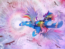 Size: 1400x1048 | Tagged: safe, artist:foxinshadow, bird, pegasus, pony, fanfic:a pegasus promise, clothes, commission, fanfic art, flying, not rainbow dash, solo, spread wings, uniform, wings, wonderbolts uniform
