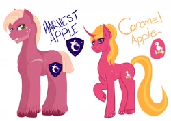 Size: 1754x1240 | Tagged: safe, artist:ambertuisthemad, oc, oc:caramel apple, oc:harvest moon, earth pony, pony, unicorn, body freckles, brother and sister, female, freckles, male, mare, offspring, parent:big macintosh, parent:cheerilee, parents:cheerimac, siblings, simple background, stallion, white background