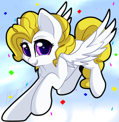 Size: 2820x2884 | Tagged: safe, artist:gleamydreams, surprise, pegasus, pony, g1, g4, adoraprise, chest fluff, cloud, confetti, cute, female, flying, g1 to g4, generation leap, high res, looking at you, mare, open mouth, open smile, raised hoof, sky, smiling, solo, spread wings, surprise can fly, wings