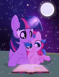 Size: 927x1200 | Tagged: safe, artist:jennieoo, twilight sparkle, oc, oc:star sparkle, pony, unicorn, g4, book, constellation, glowing horn, horn, lying down, magic, moon, night, reading, show accurate