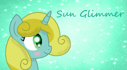 Size: 875x488 | Tagged: safe, artist:princessdaisyofficialchannel, sun glimmer, pony, unicorn, g4, abstract background, background pony, belle pepper, blushing, cute, cute glimmer, female, filly, green background, green text, signature, simple background, smiling, solo, text, wallpaper