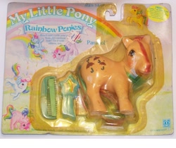 Size: 762x640 | Tagged: safe, photographer:serena151, moonstone, parasol (g1), skydancer, starshine, windy (g1), g1, official, bow, comb, irl, packaging, photo, price tag, rainbow ponies, ribbon, tail bow, text, toy