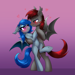 Size: 4000x4000 | Tagged: safe, artist:confetticakez, oc, oc only, bat pony, pony, bat pony oc, bedroom eyes, blushing, dancing, fangs, looking at each other, wings