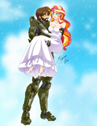 Size: 1280x1657 | Tagged: safe, artist:shinta-girl, sunset shimmer, oc, human, equestria girls, g4, bare shoulders, bridal carry, canon x oc, carrying, couple, female, halo (series), humanized, male, mjolnir (armor), sleeveless, straight, strapless