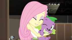 Size: 1150x647 | Tagged: safe, edit, edited screencap, screencap, fluttershy, spike, spike the regular dog, dog, equestria girls, equestria girls specials, g4, my little pony equestria girls: movie magic, clothes, cropped, cute, eyeshadow, hug, huggable, makeup, shyabetes, sleeveless, spikelove, tank top
