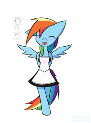 Size: 1121x1511 | Tagged: safe, artist:samuel-neocros, rainbow dash, semi-anthro, g4, blushing, clothes, cute, cute little fangs, dashabetes, eyes closed, maid, open mouth, rainbow maid, simple background, snaggletooth, solo, white background