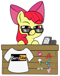 Size: 1127x1419 | Tagged: safe, artist:yakoshi, apple bloom, earth pony, pony, g4, berrytube, bootleg, clothes, dvd, looking at you, piracy, pornhub logo, shirt, simple background, smug, solo, sunglasses, t-shirt, transparent background