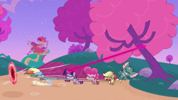 Size: 1920x1080 | Tagged: safe, screencap, applejack, echo (g4.5), pinkie pie, rainbow dash, twilight sparkle, alicorn, bat, earth pony, pegasus, pony, g4.5, my little pony: pony life, portal combat, spoiler:pony life s02e16, applejack's hat, bipedal, butt touch, cowboy hat, eyes closed, female, glowing horn, gritted teeth, hat, hoof on butt, horn, magic, magic aura, male, mare, night, open mouth, portal, running, running in place, straining, sugarcube corner, tail, tail pull, teeth, tree, twilight sparkle (alicorn), wheel o feet