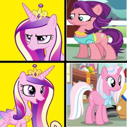 Size: 895x893 | Tagged: safe, clear sky, princess cadance, spoiled rich, alicorn, earth pony, pony, unicorn, g4, angry, cadance is not amused, clothes, female, hotline bling, mare, meme, open mouth, open smile, unamused