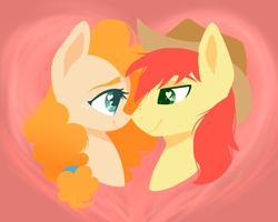 Size: 2500x2000 | Tagged: safe, artist:hellishnya, bright mac, pear butter, earth pony, pony, g4, abstract background, bust, female, freckles, hat, heart, heart eyes, high res, looking at each other, male, mare, ship:brightbutter, shipping, smiling, stallion, straight, wingding eyes