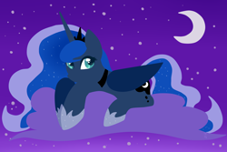 Size: 3000x2000 | Tagged: safe, artist:hellishnya, princess luna, alicorn, pony, cloud, crescent moon, female, high res, lineless, lying down, mare, moon, night, on a cloud, prone, solo, stars
