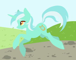 Size: 2500x2000 | Tagged: safe, artist:hellishnya, lyra heartstrings, pony, unicorn, g4, female, high res, hill, hopping, mare, road, running, solo
