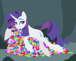 Size: 2500x2000 | Tagged: safe, artist:hellishnya, rarity, pony, unicorn, cave, female, gem, high res, hoard, lidded eyes, lineless, looking at you, lying down, mare, prone, solo