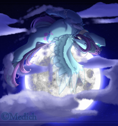 Size: 2060x2193 | Tagged: safe, artist:mediasmile666, oc, oc only, pegasus, pony, cloud, female, flying, full moon, high res, macro, mare, moon, night, night sky, sky, solo, spread wings, wings