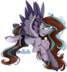 Size: 2364x2537 | Tagged: safe, artist:mediasmile666, oc, oc only, pegasus, pony, bell, bell collar, chest fluff, collar, colored hooves, female, heterochromia, high res, mare, simple background, solo, spread wings, transparent background, two toned wings, wings