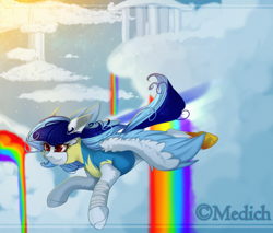 Size: 2650x2263 | Tagged: safe, artist:mediasmile666, oc, oc only, pegasus, pony, bandage, clothes, cloud, cloudsdale, female, flying, high res, mare, rainbow, rainbow waterfall, sky, solo, spread wings, two toned wings, uniform, wings, wonderbolt trainee uniform