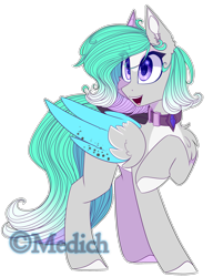 Size: 1778x2313 | Tagged: safe, artist:mediasmile666, oc, oc only, pegasus, pony, collar, colored hooves, female, folded wings, mare, open mouth, pale belly, raised hoof, simple background, smiling, solo, standing, transparent background, two toned wings, white belly, wings