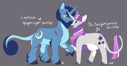 Size: 640x334 | Tagged: safe, artist:shebbart, night light, twilight velvet, classical unicorn, pony, unicorn, g4, alternate universe, cloven hooves, female, gray background, horn, leonine tail, looking at each other, male, ship:nightvelvet, shipping, simple background, straight, unshorn fetlocks