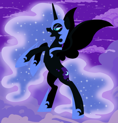 Size: 2401x2497 | Tagged: safe, artist:hellishnya, nightmare moon, alicorn, pony, g4, armor, cloud, ethereal mane, fangs, female, high res, lineless, mare, night, open mouth, rearing, sky, solo, starry mane